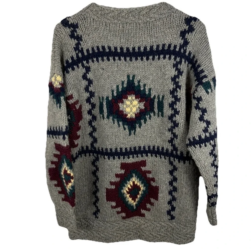 Vintage Susann D Hand Knitted Shetland Wool Sweater Southwestern Aztec‎ Women M
